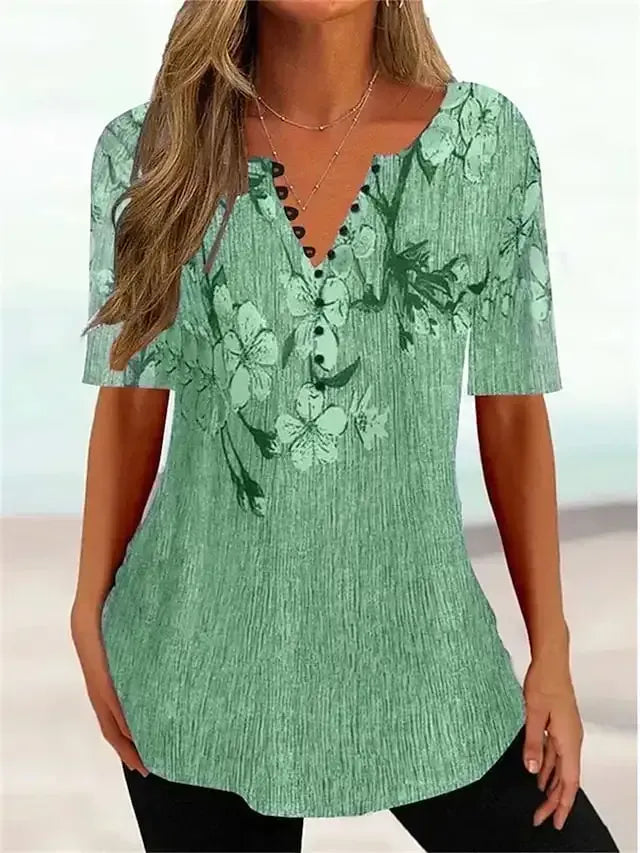 Women's T shirt Tee Red Green Gray Floral Print Short Sleeve Casual Daily Vintage V Neck Regular Floral S