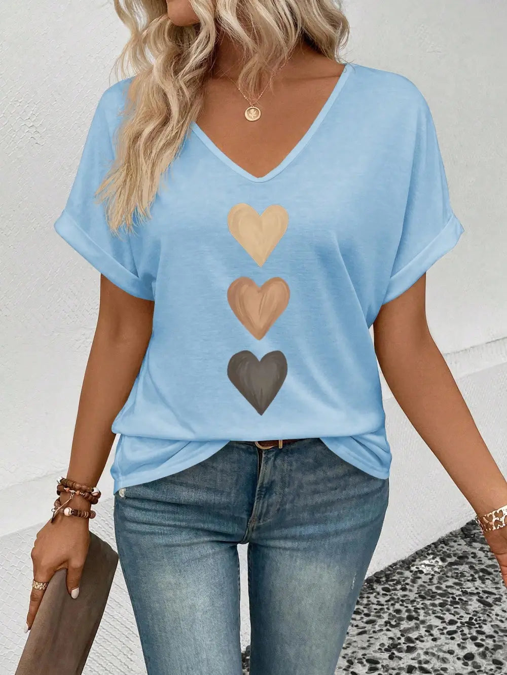 Women's V-Neck Ruffle Sleeve Ombre Heart Print Casual T-Shirt, Versatile For Spring & Summer