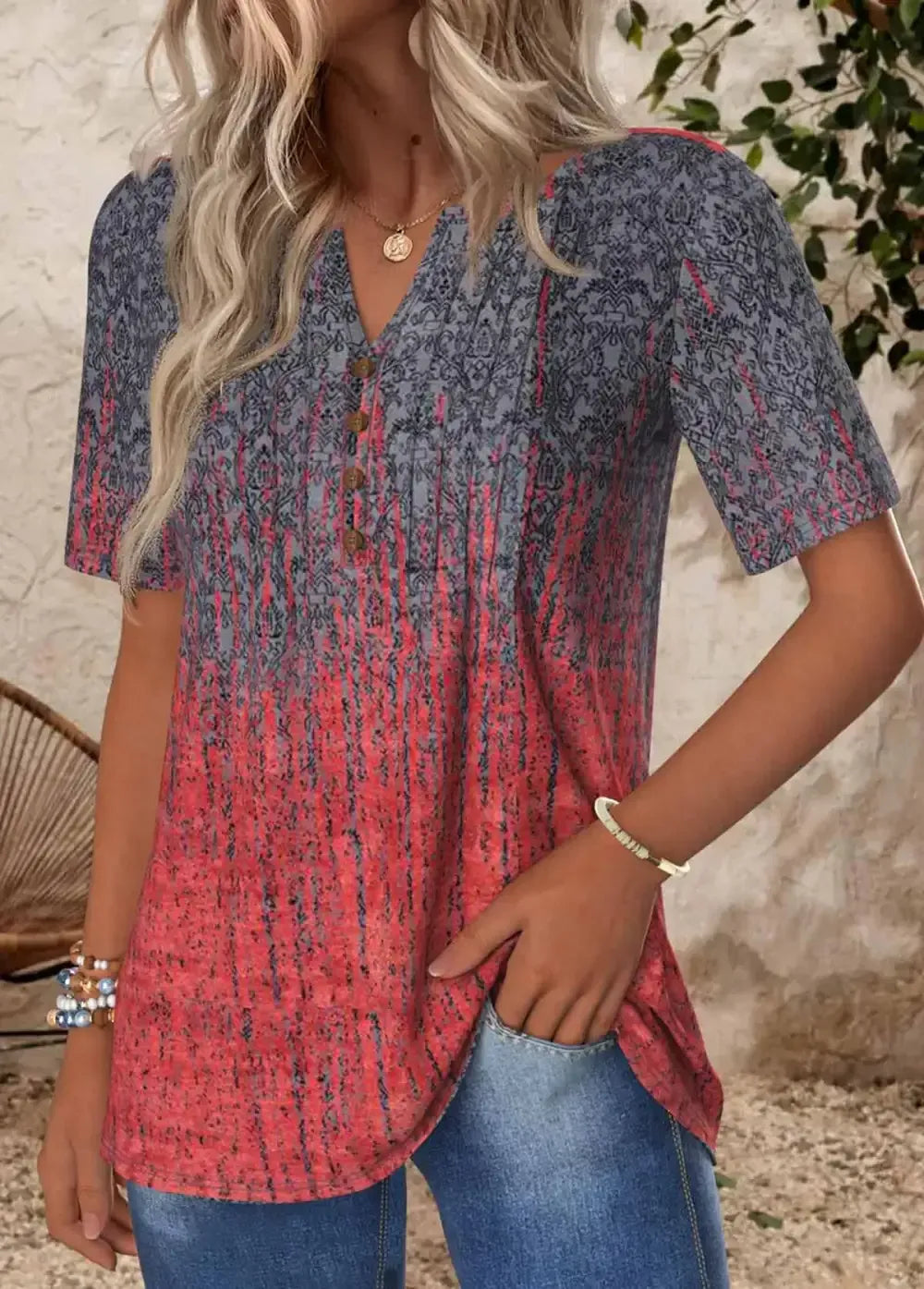 Deep Red Tuck Stitch Ombre Short Sleeve T Shirt