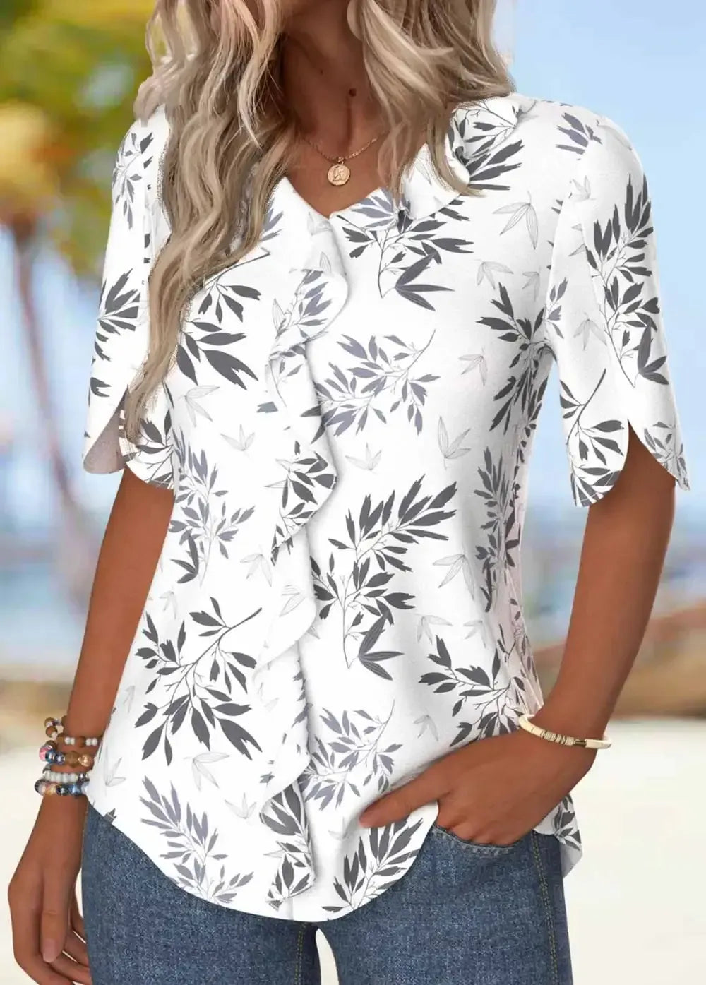 White Ruffle Leaf Print Half Sleeve V Neck Blouse