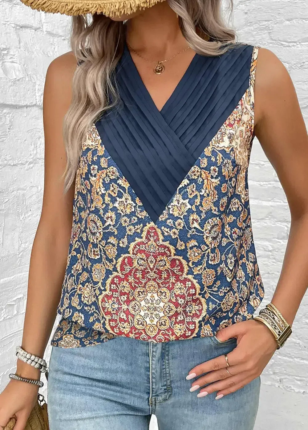 Blue Patchwork Tribal Print Sleeveless V Neck Tank Top