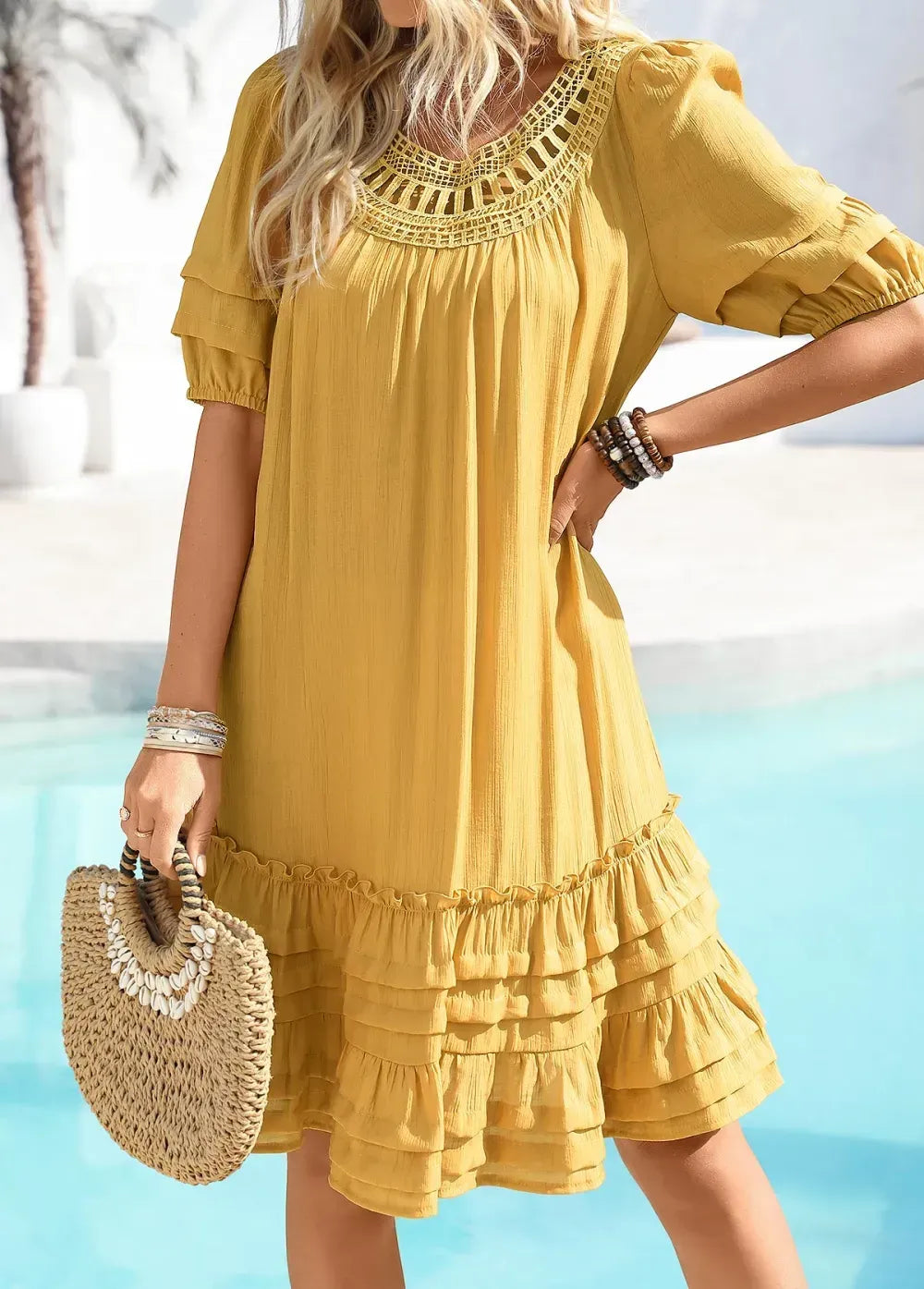 Ginger Embroidery A Line Half Sleeve Round Neck Dress