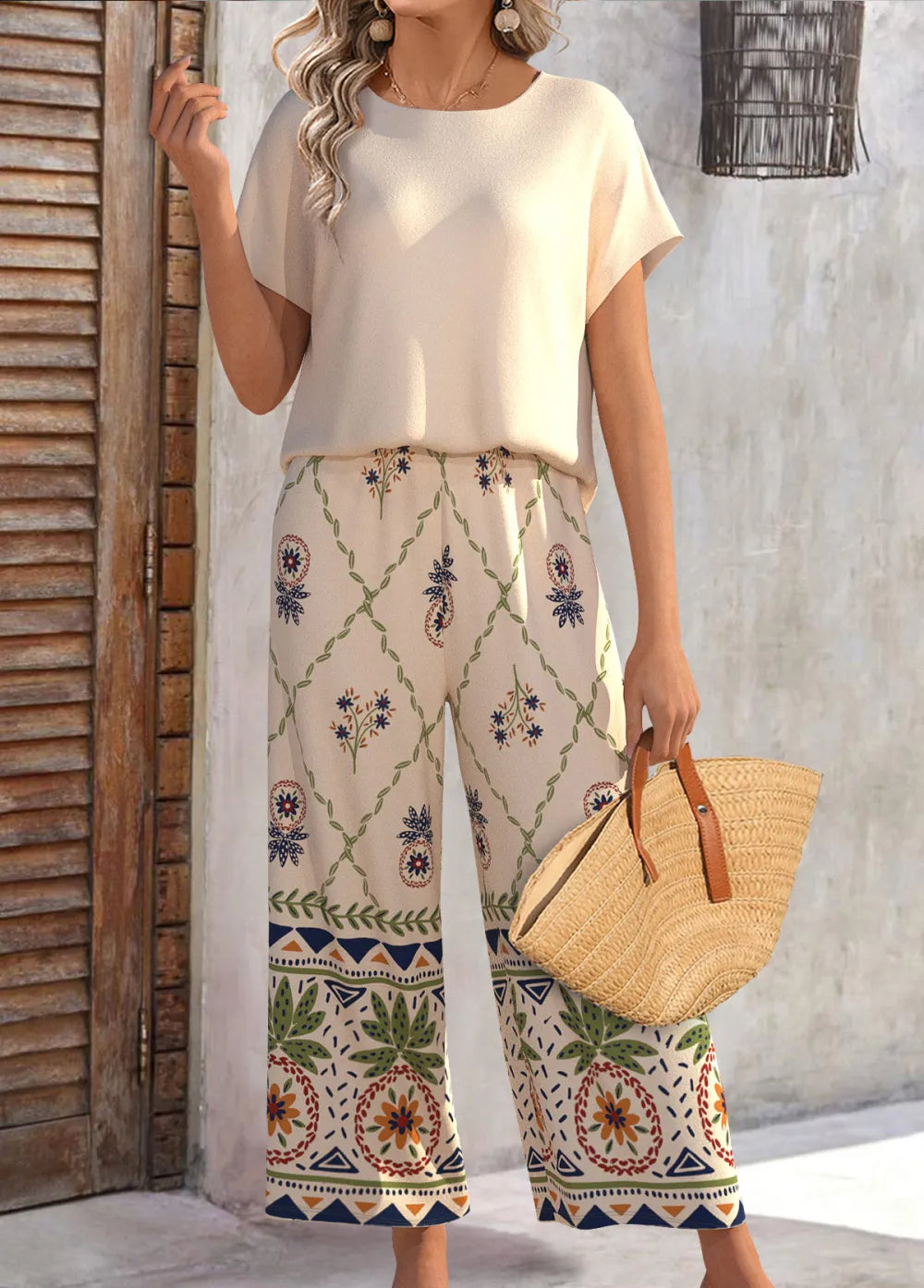 Beige Fruit Printing Ankle Length Short Sleeve Top
