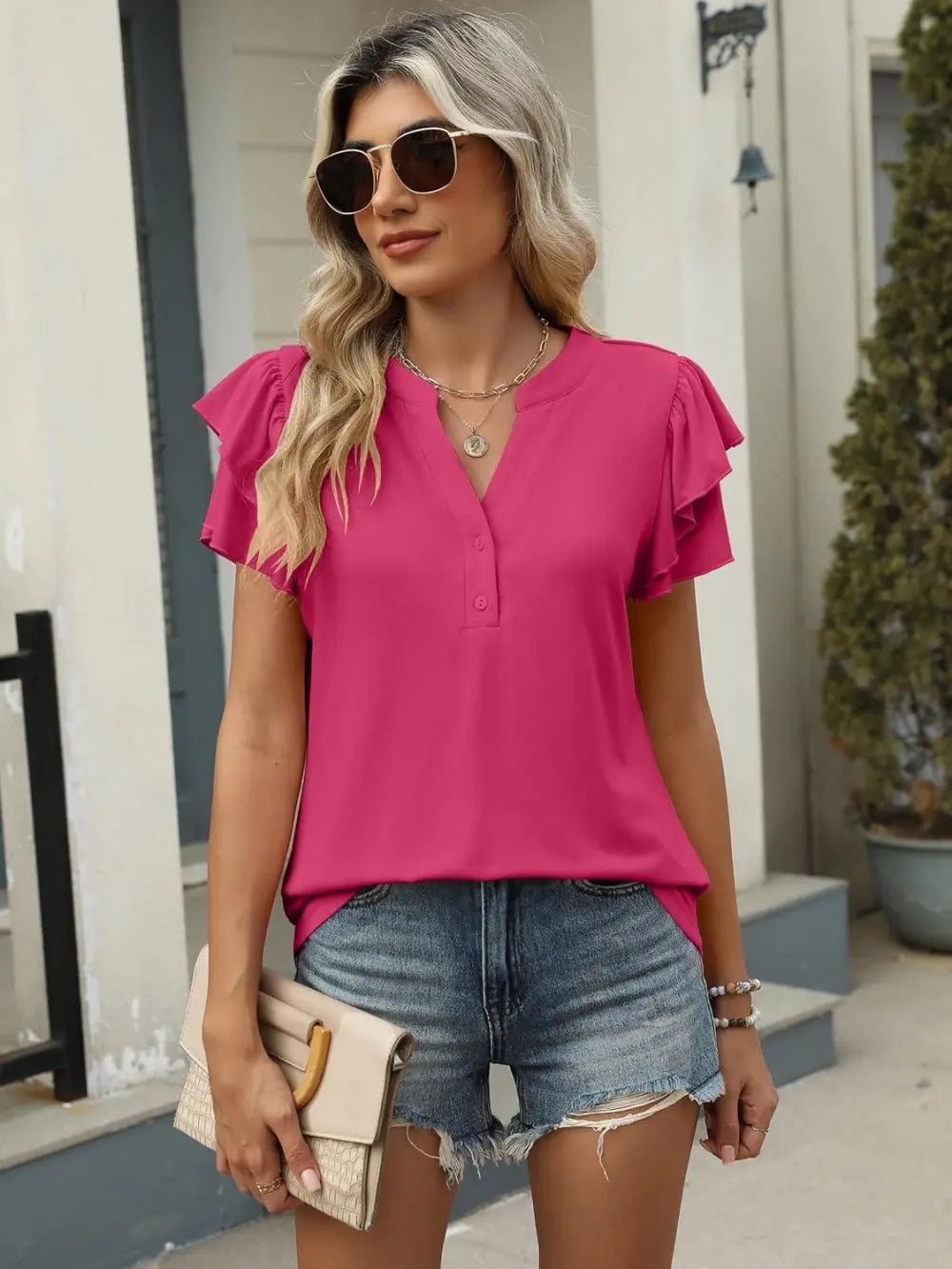 ANRABESS Womens Tops Dressy Casual Ruffle Short Sleeve V Neck Blouses Summer Button Down Business Work Elegant Shirts